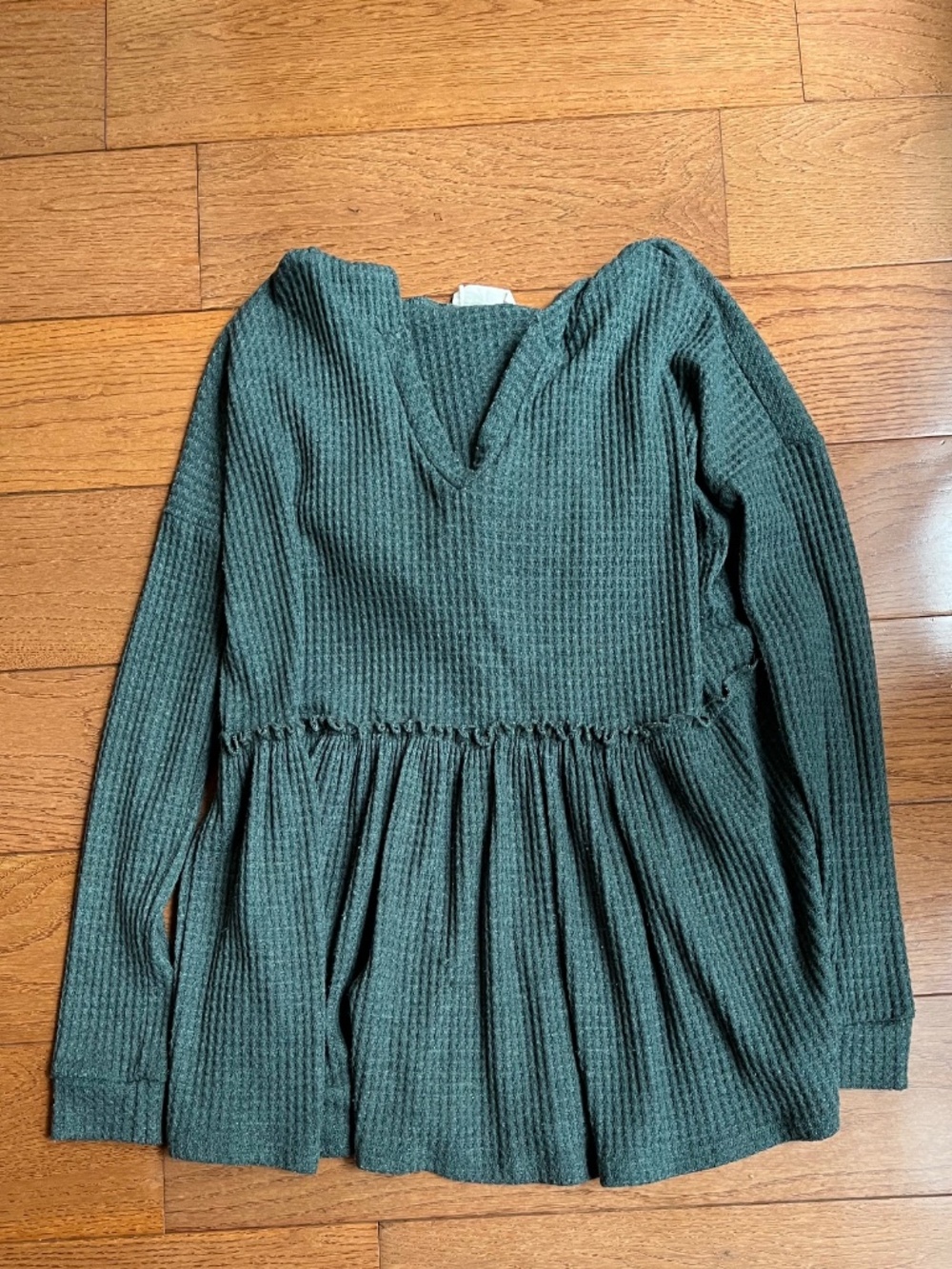 Peach Love California Hooded Waffle Knit Babydoll Top Dark Green Long Sleeve